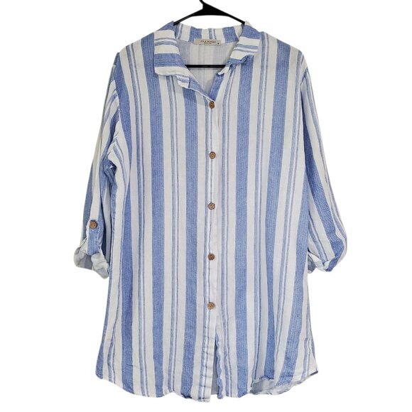 Viola Borghi Women's Blue White Stripe 100% Linen Italy Button Blouse - M - Picture 1 of 6
